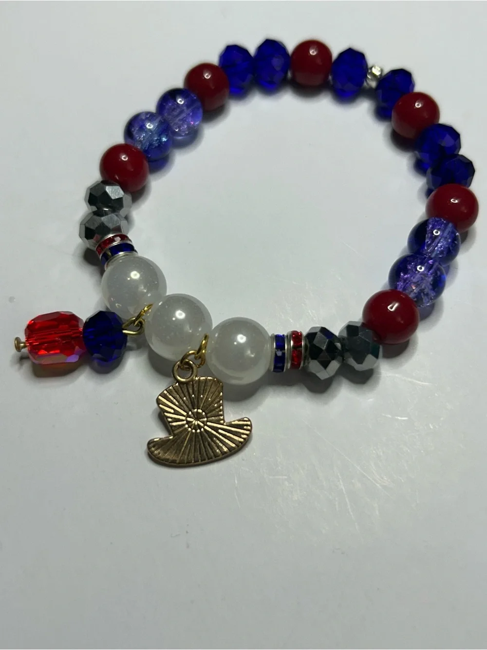 Kids Red & Blue Beaded Charm Bracelet with Patriotic Hat